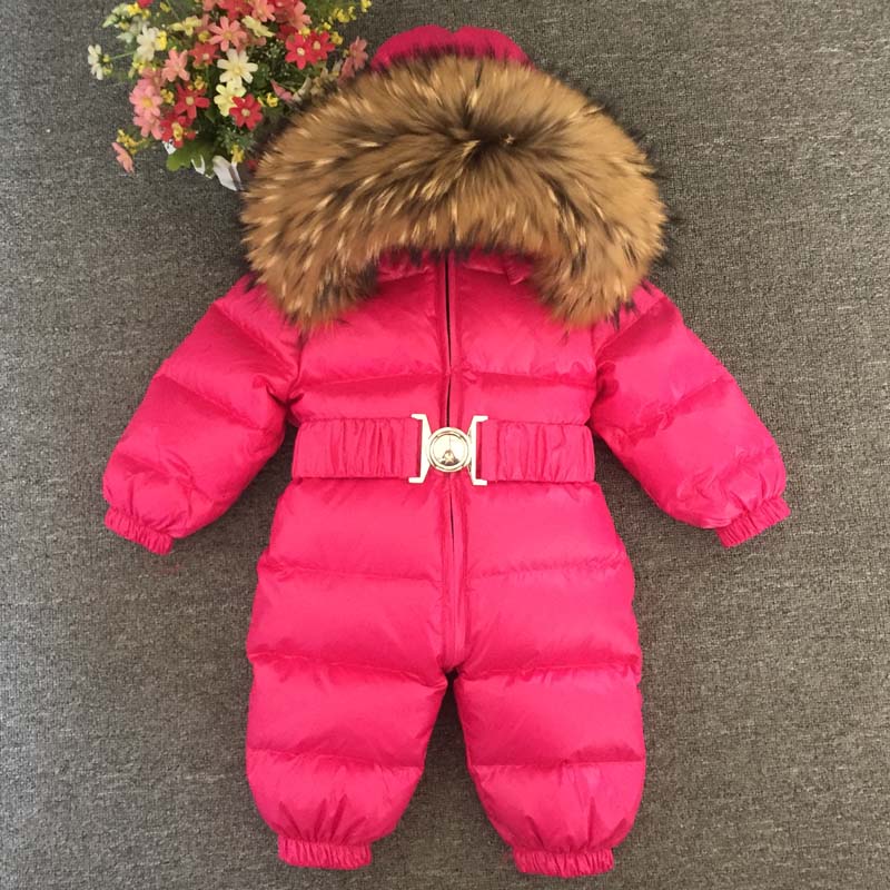 Fashion Baby Jumpsuits Boys Girls Winter Overalls Baby Rompers Duck Down Jumpsuit Hooded Real Fur Collar Children Outerwear Kids Snowsuit