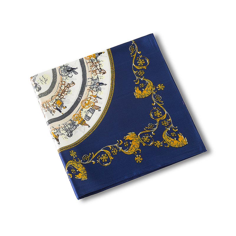 Women Print 100% Silk Scarf Jeu Des Omnibus Et Dames Blanches Foulard Femme Joker Blue Square Twill Scarves 60*60CM