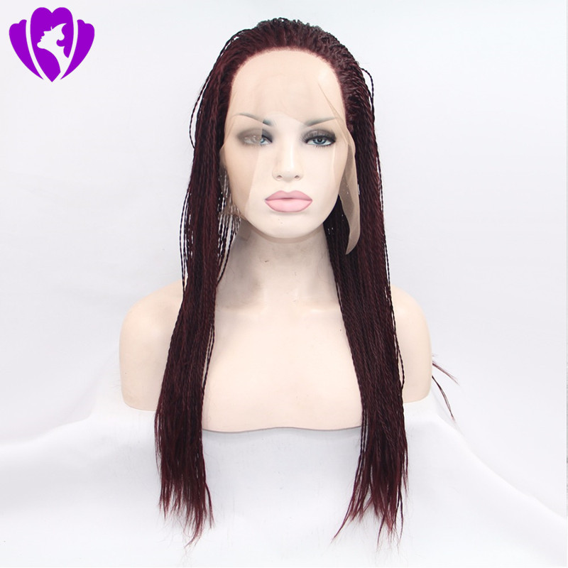 Hot selling burgundy twist braided lace front wigs full hand tied synthetic Frontal wig for african americans