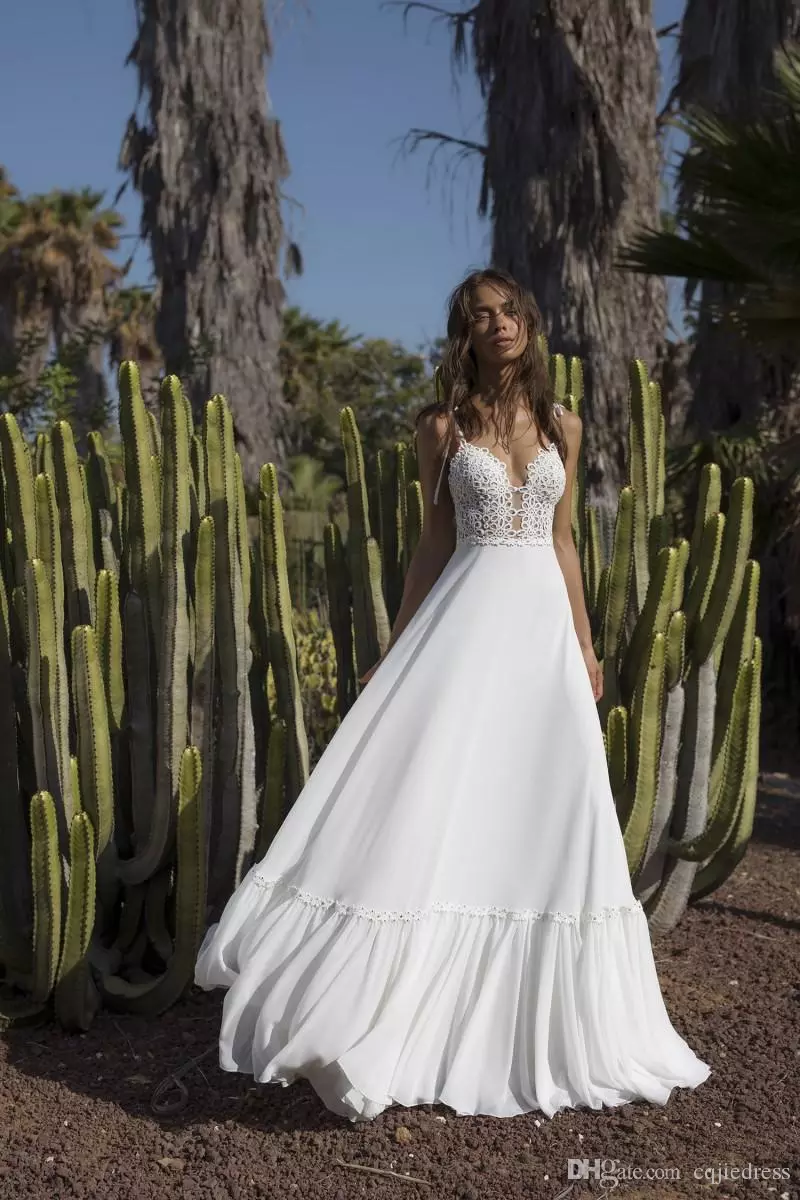 new beach bohemia wedding dresses a line spaghetti v neck backless chiffon bridal gowns boho lace appliqued wedding dress