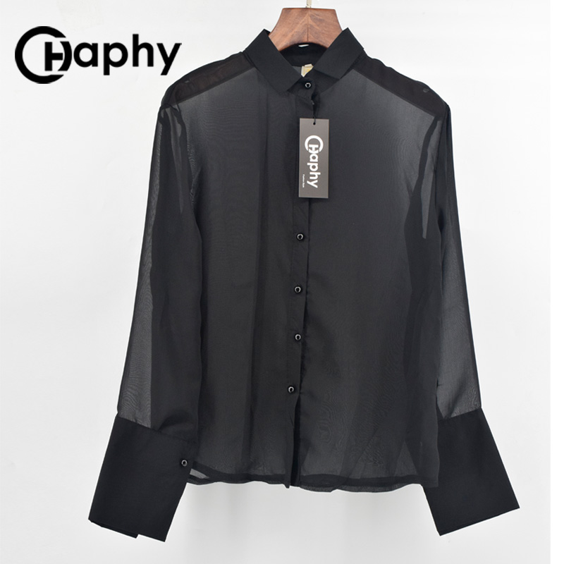 Women's Blouses See Through Chiffon Blouse 2023 Turn Down Collar Transparent Perspective Long Sleeve Shirt