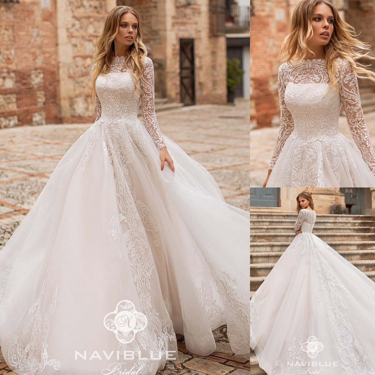 Naviblue 2019 Long Sleeves Wedding Dress Customized Lace Bateau Neck Appliques Sweep Train Bridal Gowns With High Quality