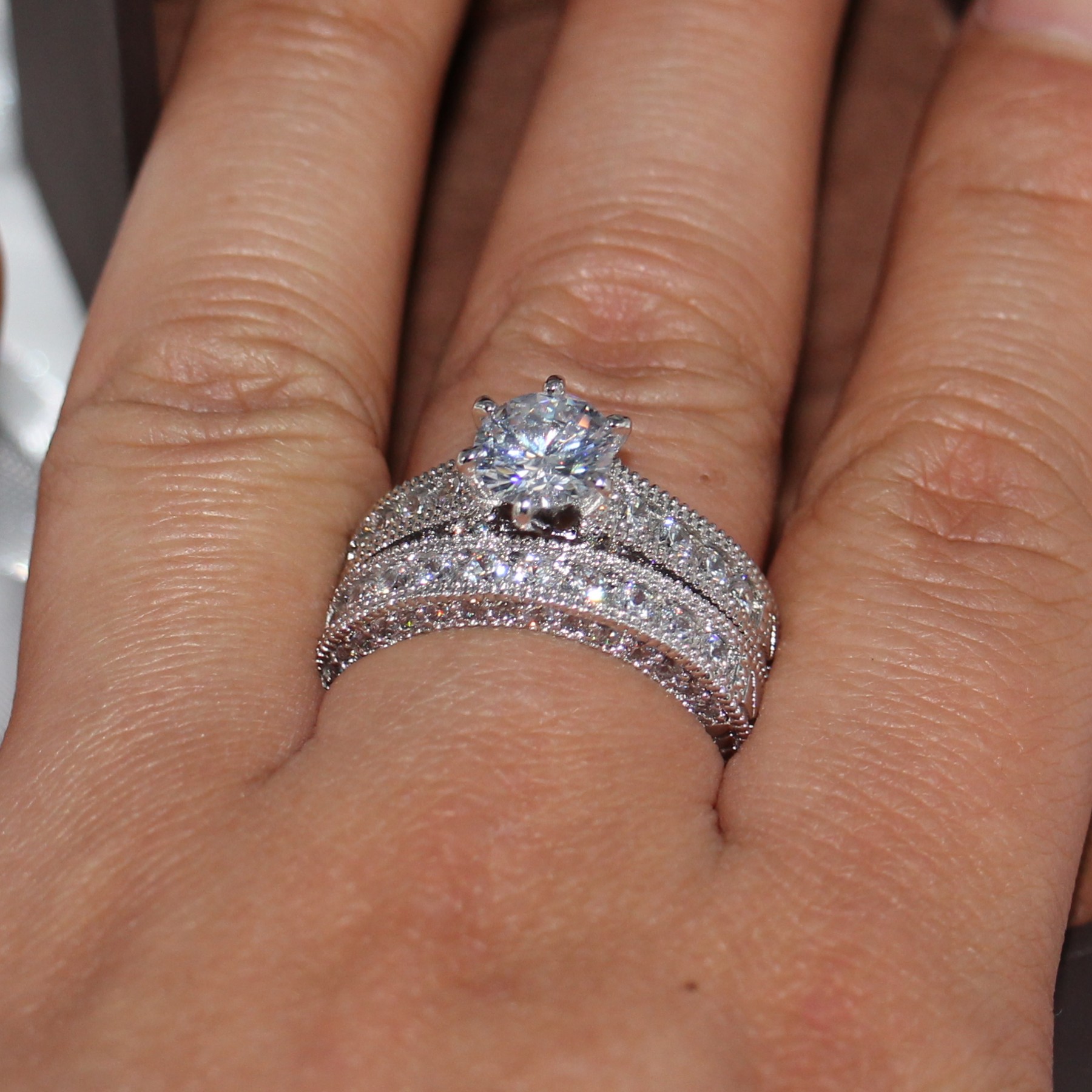 Retro Jewelry Lovers Claw Set 8mm Topaz Gem 14KT White Gold Filled 2-in-1womens Engagement Wedding Ring Set for christmas gift Sz 5-11