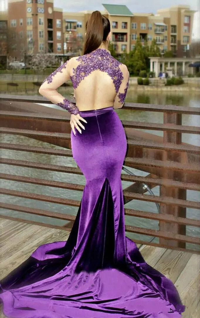 Purple Mermaid Prom Dresses Lace Applique Bead Sequins Velvet High Neck Formal Dress Party Evening Wear Two Piece Long Sleeve Evening Gowns