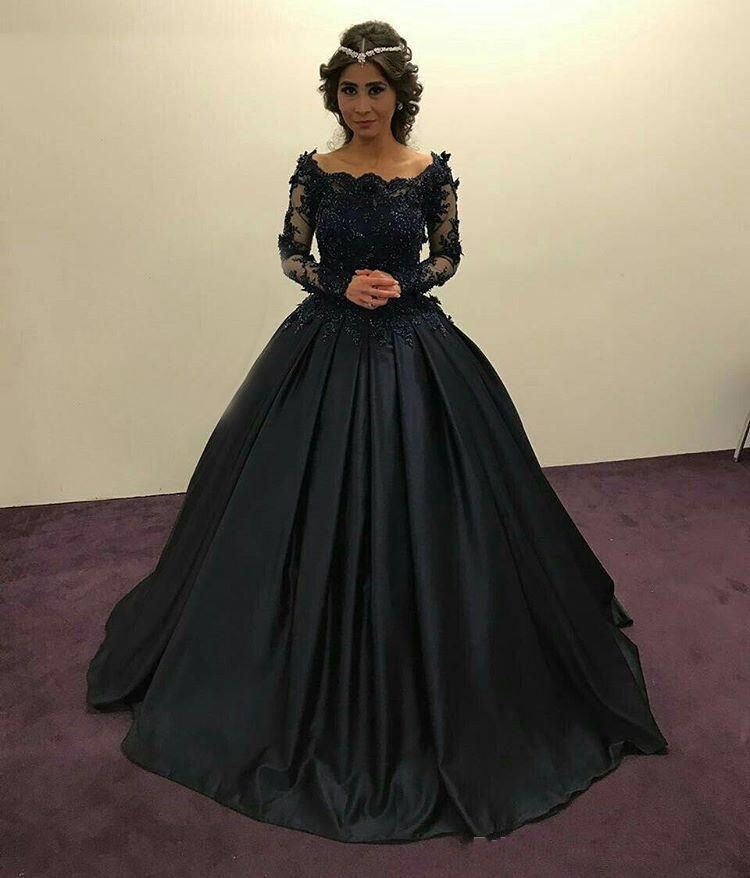 Navy Blue Evening Dresses Prom Gowns 2019 Modest Long Sleeve Yousef Aljasmi Dubai Arabic Prom Dress Floral Lace Applique Party Dress