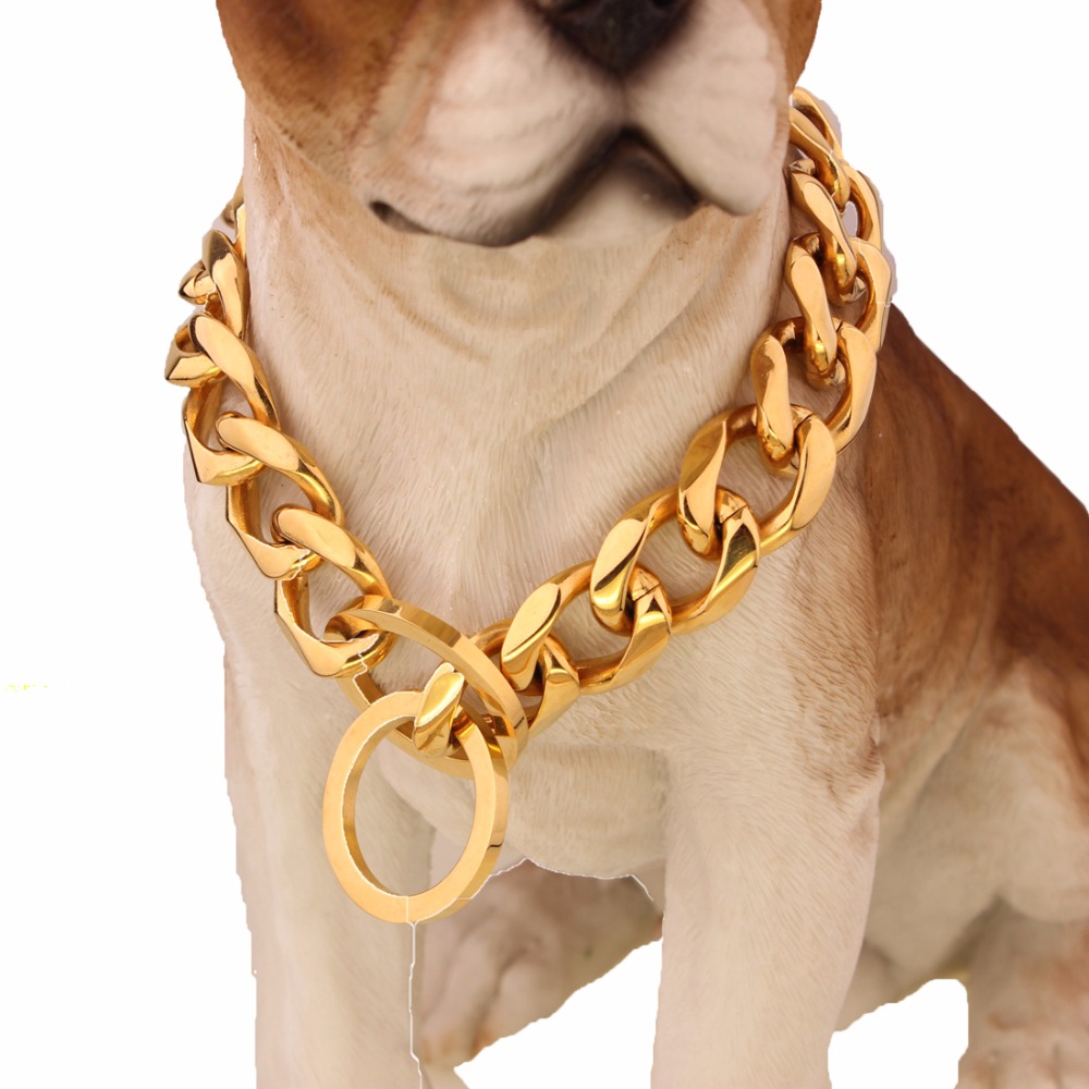 Gold Tone Stainless Steel Training Dog Collar 19mm Wide Fancy Slip Chain Dog Collar For Large Dogs Pitbull Doberman