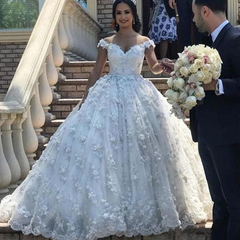 3d florals appliqued lace wedding dresses ball gowns plus size bridal dress glamorous off the shoulder wedding dress