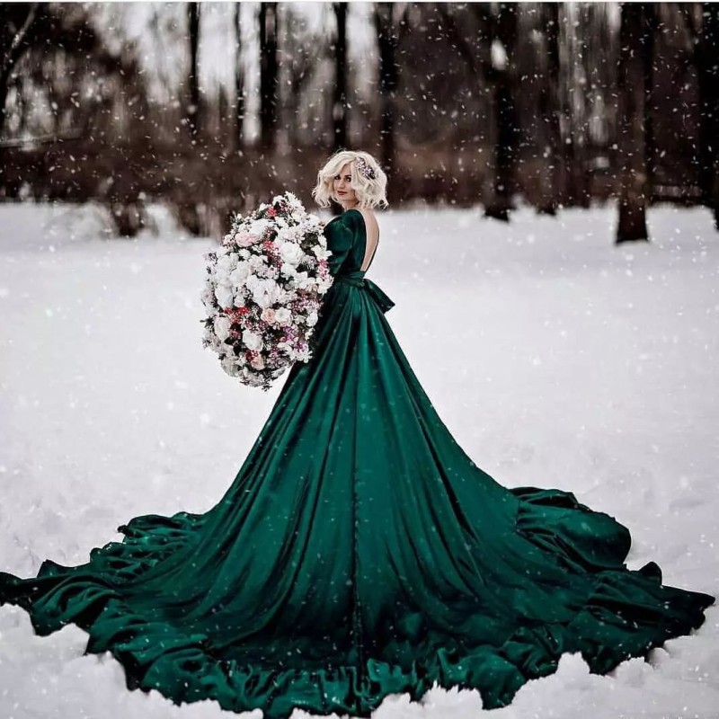 Winter 2019 Trendy Velvet Wedding Dresses with Half Sleeves Jewel Neck Customized Back A Line Ruffled Hemline Trendy Dark Green Bridal Gowns