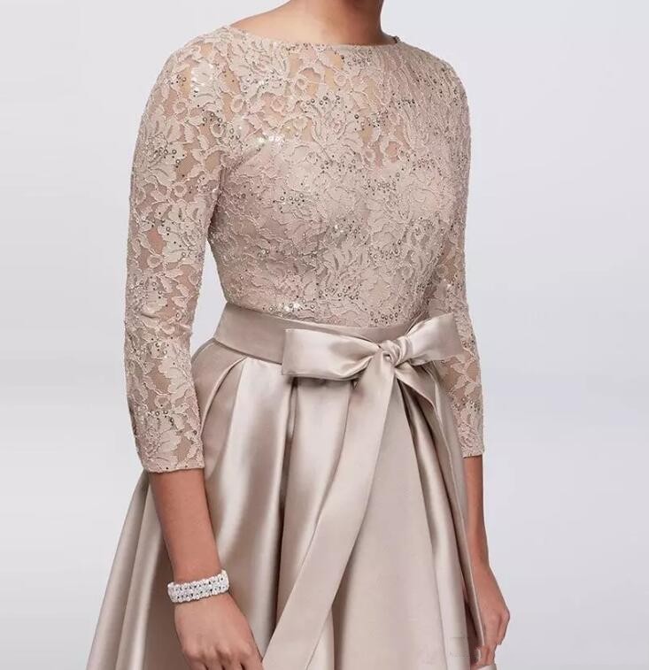 Chic High Low Mother Of The Bride Dresses Lace Sequined Long Sleeves A Line Satin Mother's Dress Evening Wear For Weddings