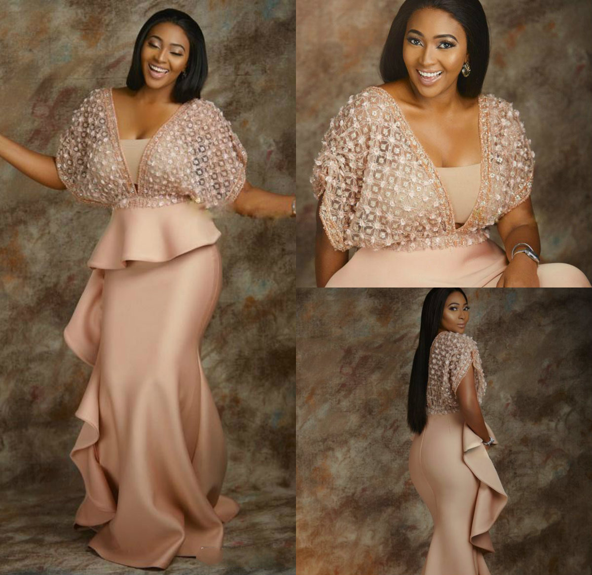 Luxury Mermaid Formal Evening Dresses V-Neck Bling Crystal Beads Short Sleeves Prom Dresses Sexy Stylish Dubai Celebrity Party Gowns