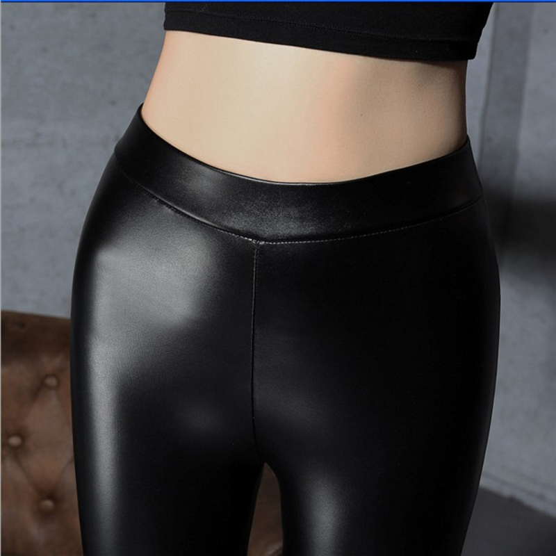 MUMEIJIAO Fashion Women PU Leather Pants High Elastic Waist Leggings Not Crack Slim Leather Leggings print Fleece Trousers