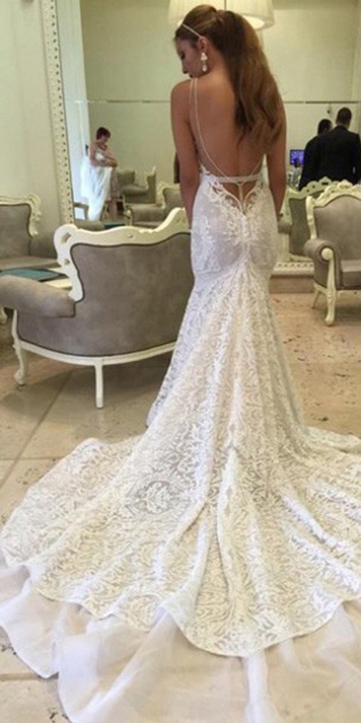 Sexy Mermaid Spaghetti Straps Backless Lace Bridal Gown Beaded Court Train Open Back Wedding Dresses Custom Made