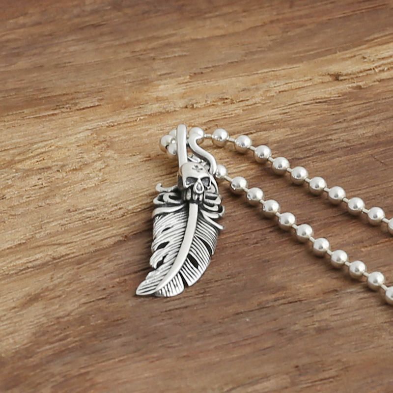 Personalized Brand new 925 sterling silver fashion jewelry necklace pendant American vintage style cute feather & skull free shipping gift