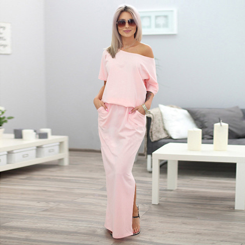 ELSVIOS Sexy Slash neck Side Split Loose Dress Women Summer Long Maxi Dress Short Sleeve Evening Party Dress Pocket Vestidos D1891304