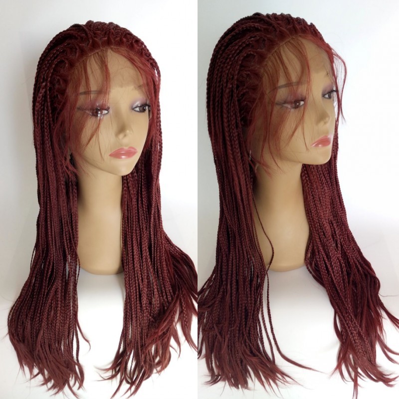 Hotselling burgundy Braided lace wig hand tied Glueless High Temperature Braids Synthetic full Lace Front Wig For Africa american Women