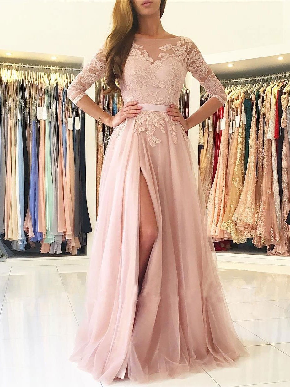 Stunning Prom Dresses Bateau Lace with Tulle Sexy Side Split Sweep Train Evening Dresses Sheer with Applique Party Dresses, Chocolate
Stunning Prom Dresses Bateau Lace with Tulle Sexy Side Split Sweep Train Evening Dresses Sheer with Applique Party Dresses, Chocolate