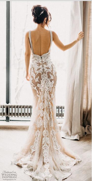 Sheer V Neck Mermaid Dresses Illusion Bodice Lace Applique Sequins Backless Wedding Dress With Detachable Train Bridal Gowns 6660306