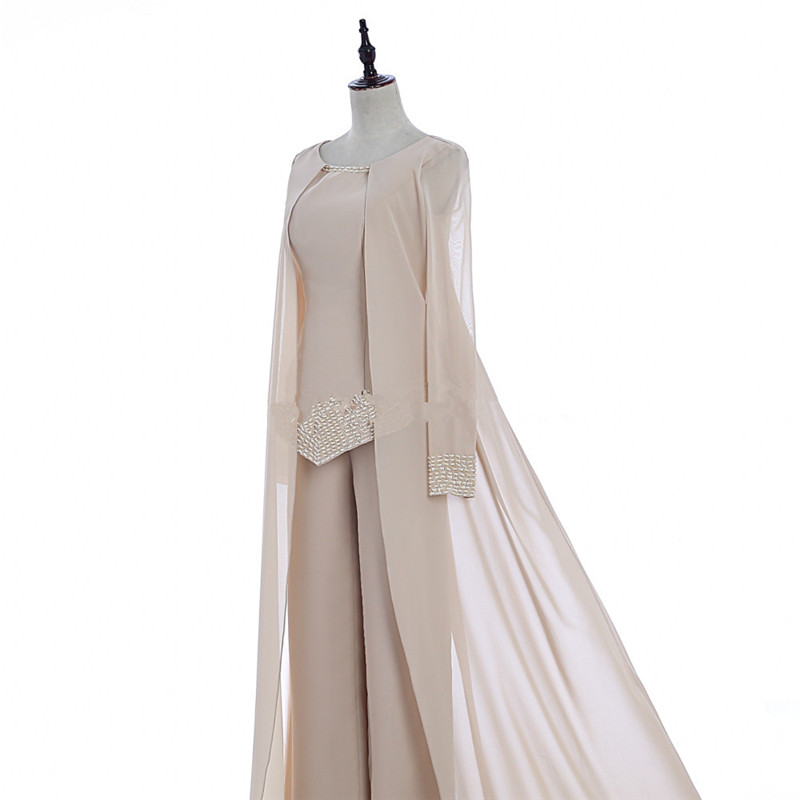 Champagne Three Piece Mother of the Bride Pant Suits Dress with Long Jackets Grey Sleeves Chiffon For Wedding