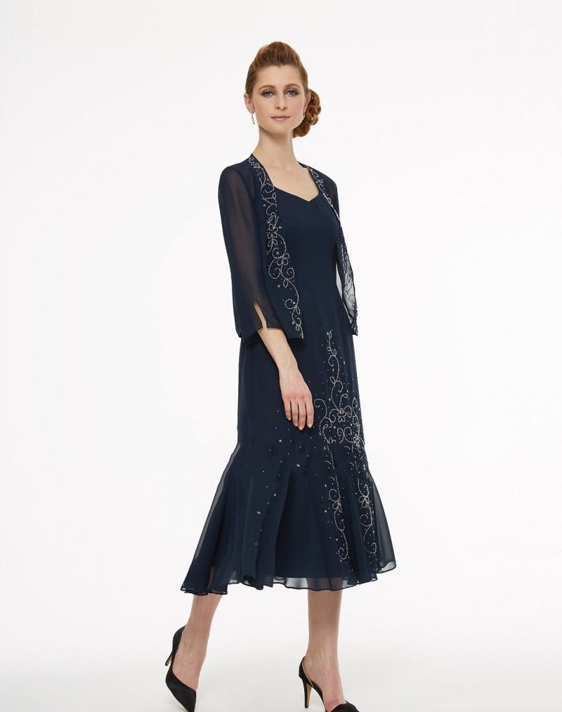 Navy Beaded Mother of the Bride Dresses With Jacket Tea Length Wedding Party Formal Evening Gowns Plus Size Mothers Groom Dress
