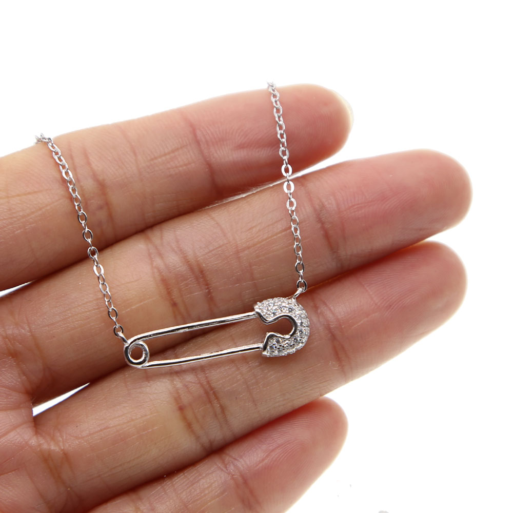 european women jewelry simple safety pin necklace paved cz shiny silver 925 simple latest design silver jewelry