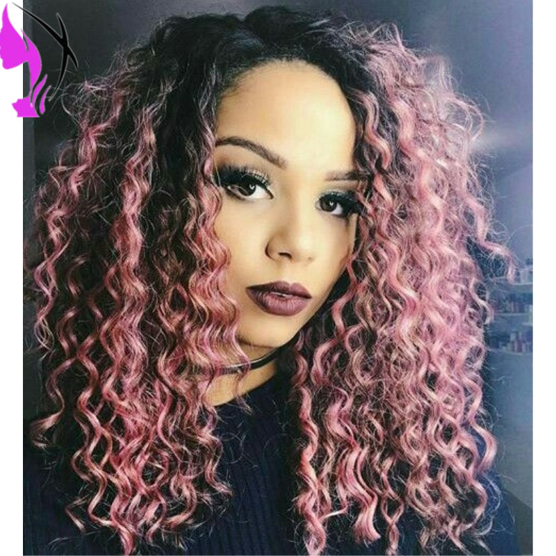 Long Kinky Curly Synthetic Lace Front Wigs black roots ombre pink full wig Heat Resistant Fiber Natural Afro Curly For Women
