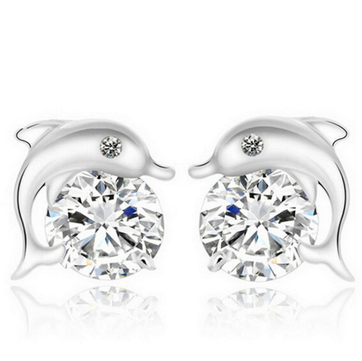 S925 Silver Earrings Dolphin Stud Earrings Rhinestone Crystal Jewelry for Women Girls Child