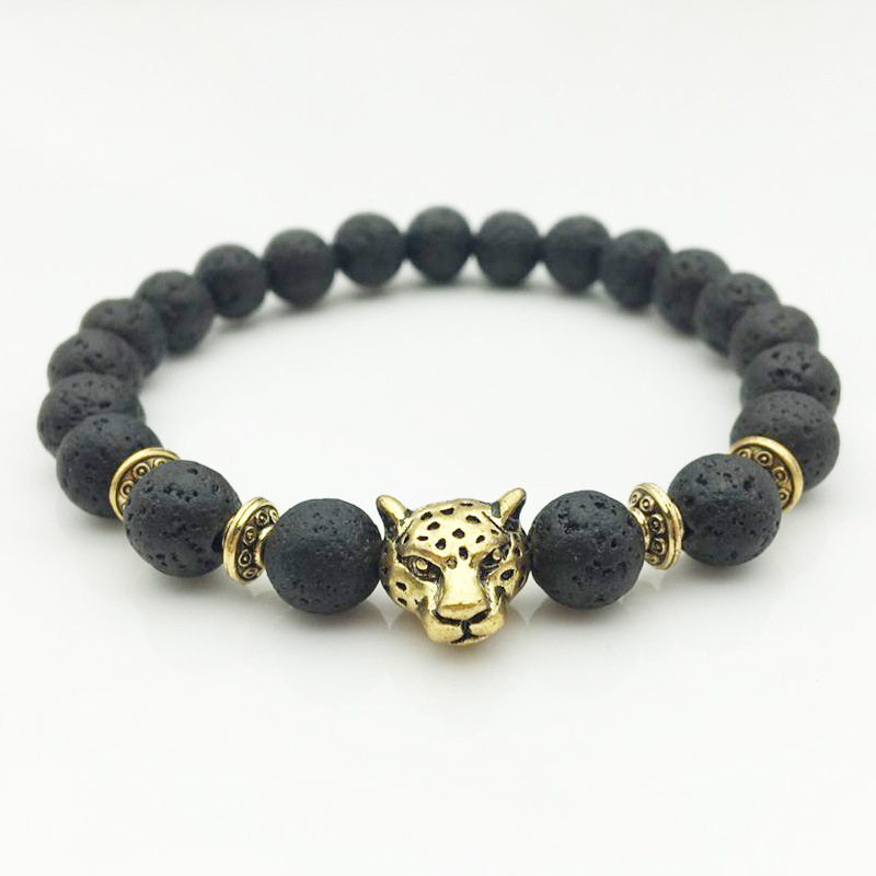 Natural Bracelet Black Lava Stone 1 Beads with Leopard Head Essential Oil Diffuser for Aromatherapy and Daily Wear Gift High Quality Texture