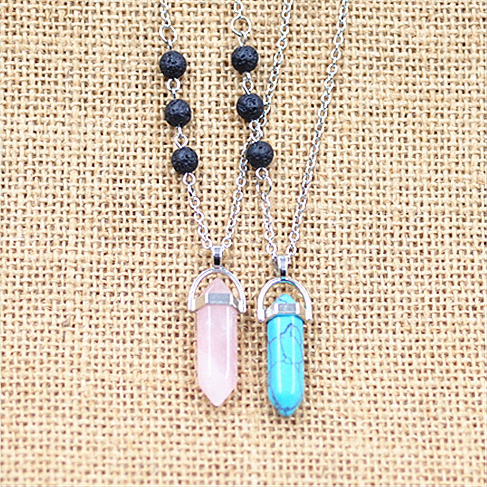 Silver color Natural stone hexagonal prism Necklace lava stone Volcanic Rock Aromatherapy Essential Oil Diffuser Necklace For Women Jewelry