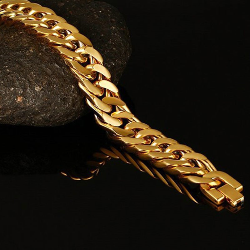 Heavy Thick Men's Link Chain Bracelets 14K Gold Plated Stainless Steel Rock and Hip Hop Bangle