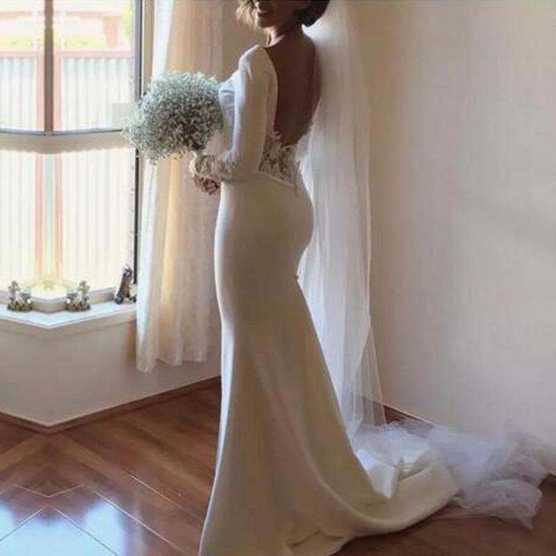2020 Vintage Long Sleeve Lace Mermaid Wedding Dress Jewel Neck Backless Appliques Lace Long Satin Wedding Dresses Vestido De Novia