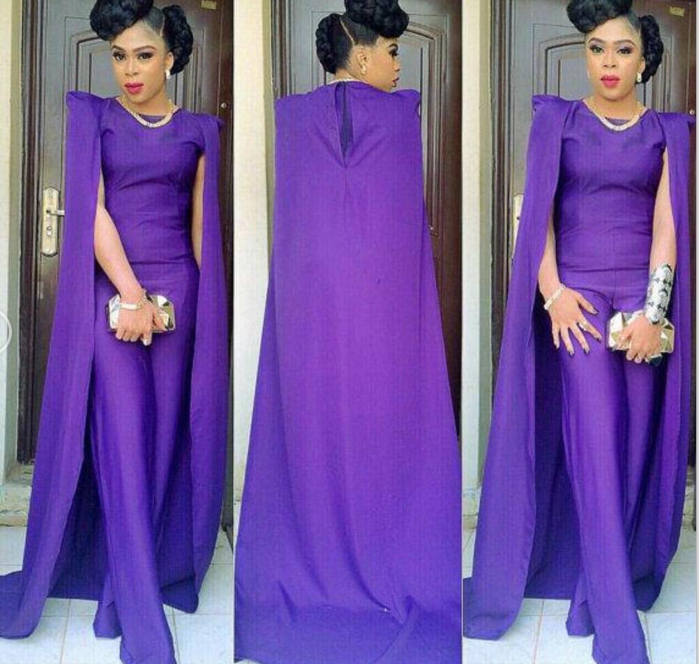 Purple Prom Dresses With Cape African Jumpsuit Satin Sweep Train Gorgeous Evening Dress Cocktail Party Gowns Plus Size