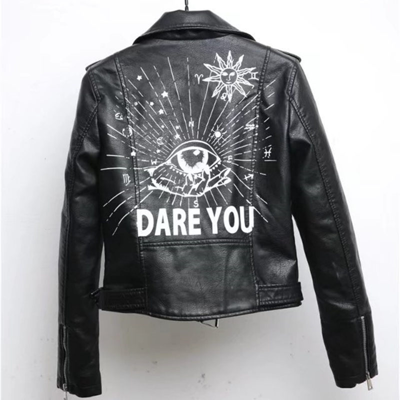 New Spring Ladies Rivet Letter Print Locomotive Pu Leather Jackets Women Short Fashion Hip Coat Pu Leather Bomber