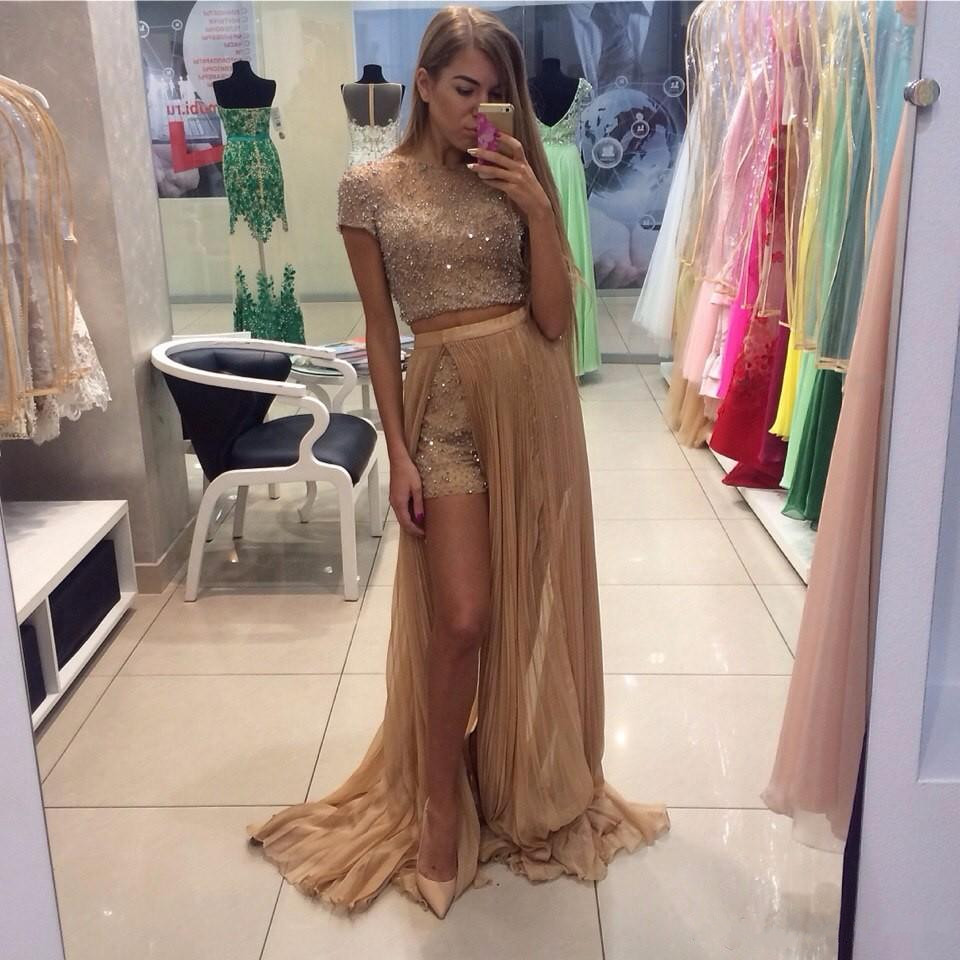 sparkly two pieces prom dresses with detachable skirt beads sequined party evening gowns short pants homecoming dress