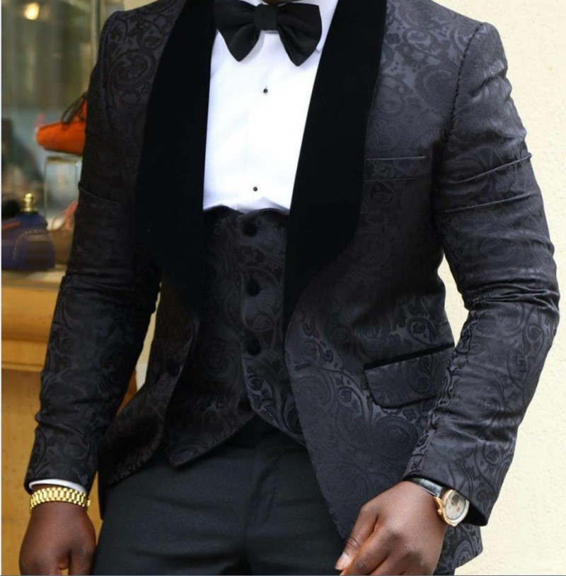 White/Black/Red Jacquard Groom Tuxedos Black Lapel Trim Fit Wedding Men Best Suits Tuxedos Men Party Groomsmen Suits(Jacket+Pants+Tie+Vest)