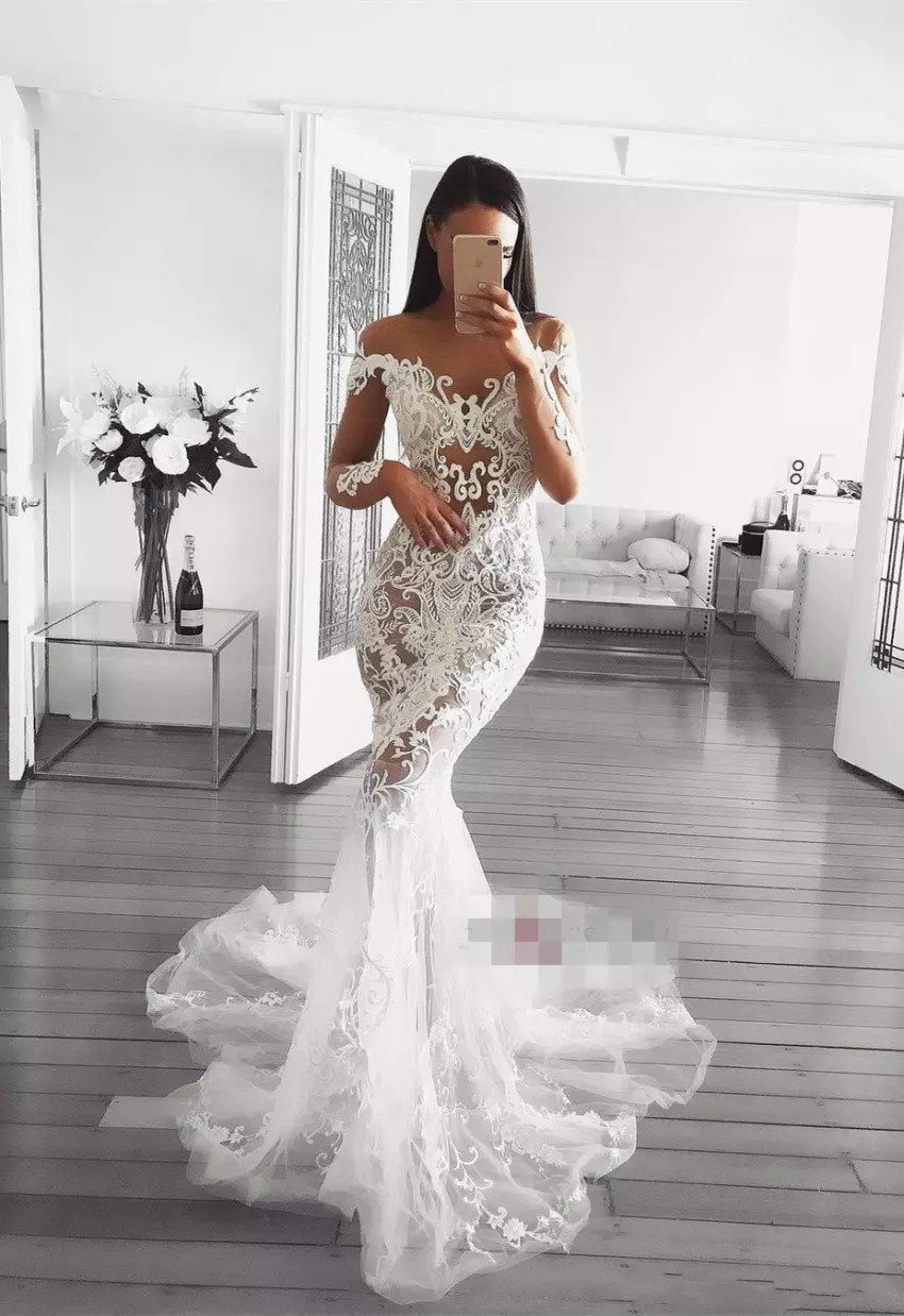 Mermaid Wedding Dresses Illusion Sheer Bateau Neck Sweep Train Long Sleeve Beach Wedding Gowns Lace Appliques Plus Size Bridal Dress