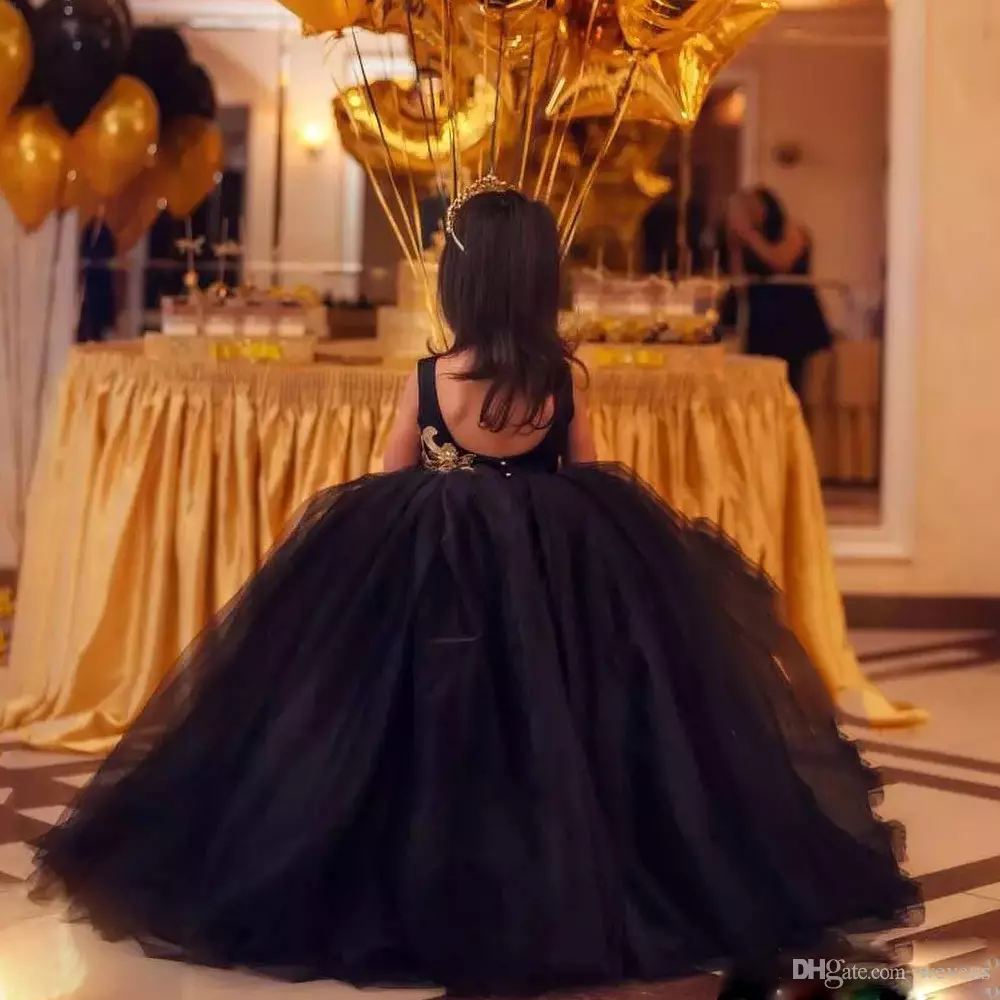 Newest Black High Low Baby Girls Birthday Party Dresses Jewel Neck Gold Lace Appliques Tulle Children Pageant Gowns