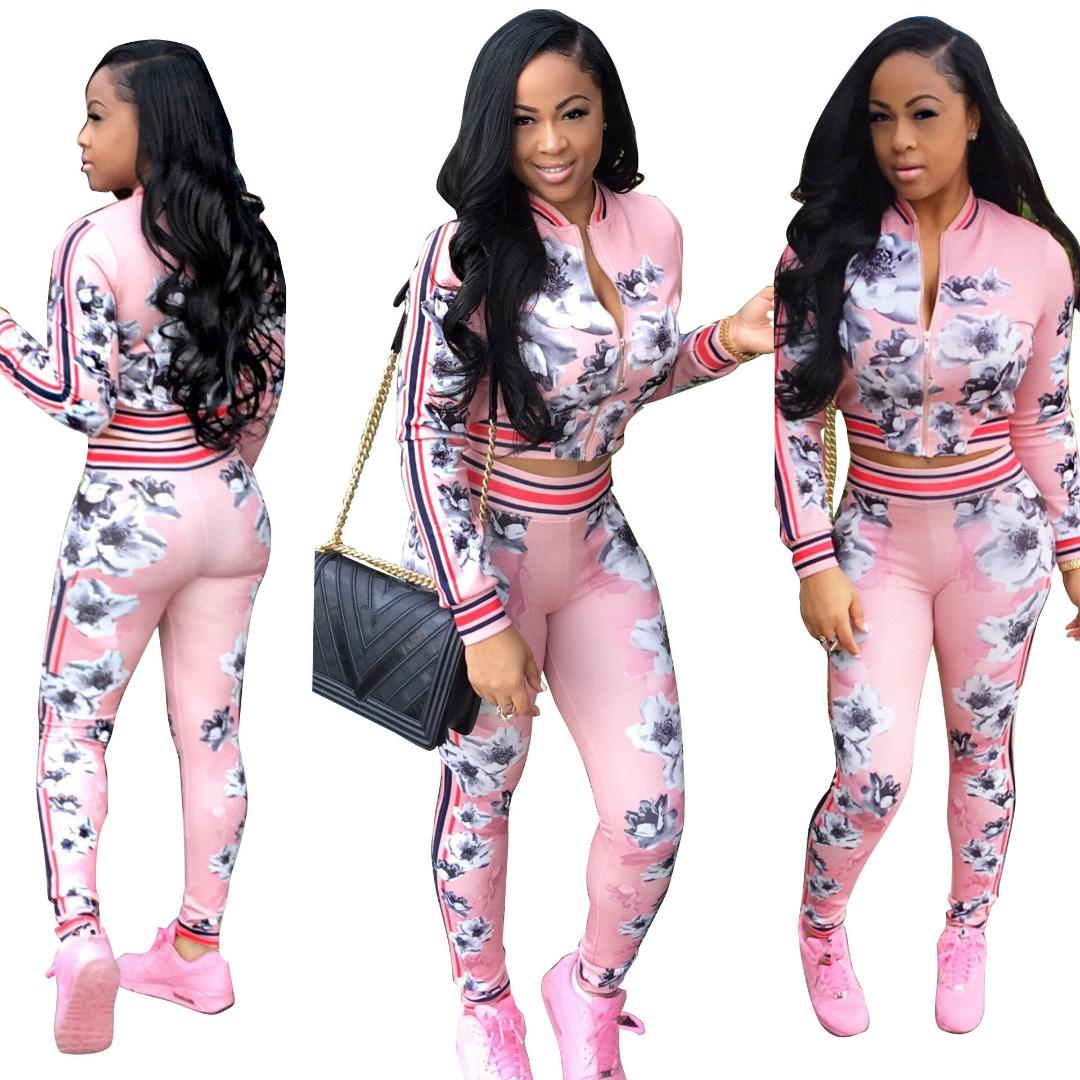 Women's Tracksuits Fashion 2021 Women Casual Long Sleeve Top And Elastic Waist Pants 2 Piece Sets Stripe Patchwork Zipper Printed Suits1