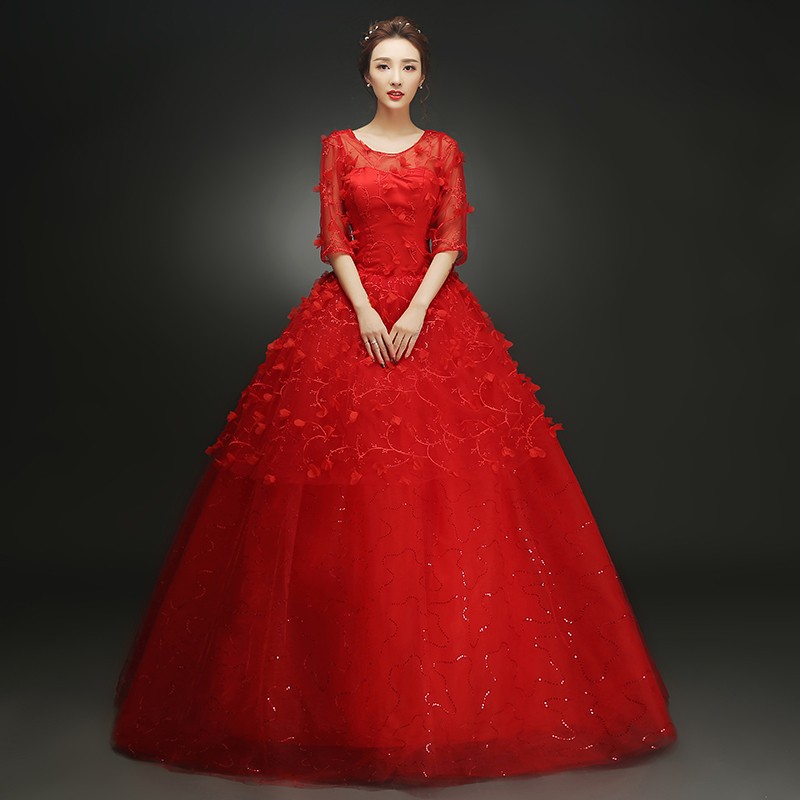 Customized Cheap Red Flowers Wedding Dress 2018 Fashion Sweetheart Half Sleeve Bride Gown Dresses Fashion robe de mariage