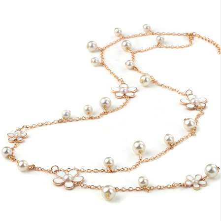 RAVIMOUR Flower Long Necklace for Women Fashion Simulated Pearl Jewelry Tassel Perlas Necklaces & Pendants Bijoux Femme Perle