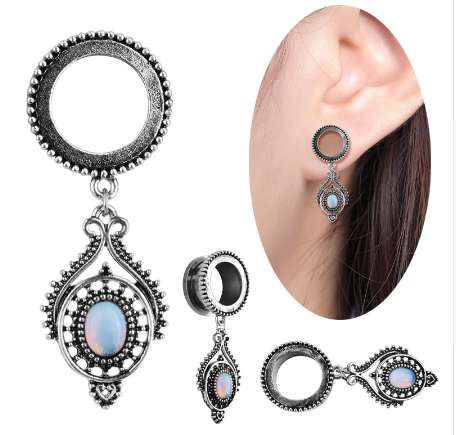 Waterdrop Opal Dangle Ear Plugs and Tunnels Stainless Steel Ear Expander Piercing Tunnels Ear Gauges Stretchers Body Jewelry