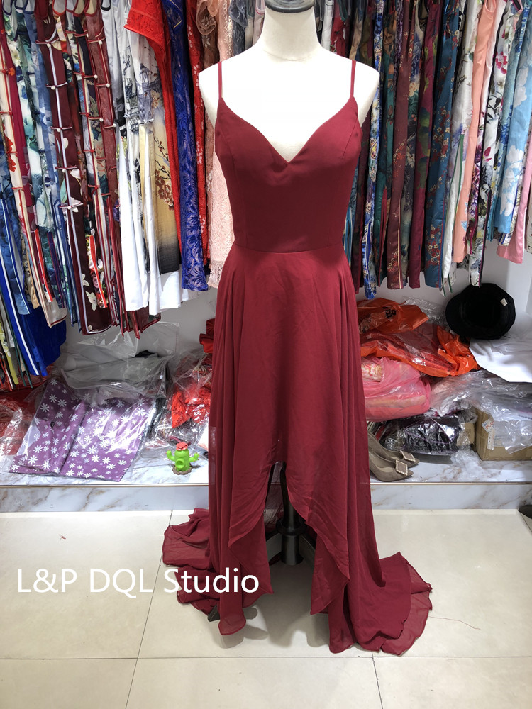 Sexy Burgundy Chiffon Evening Dress Spaghetti Zipper Back Hi Lo Prom Gowns Sexy Royal Blue Evening Gowns Cheap Bridesmaid Dress Real Picture