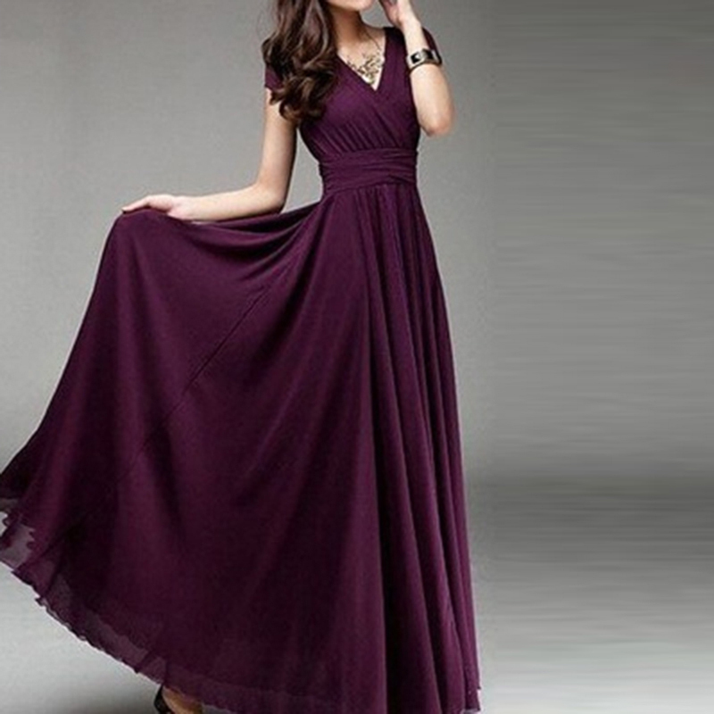 Bohemian Women 2018 Short Sleeve Fit And Flare Slim Dress Female Solid V Neck Floor Length Beach Empire Dress Plus Size HO802482 D1891703