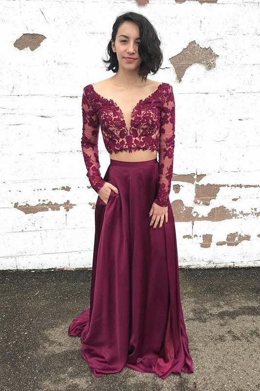 Elegant Two Piece Burgundy Prom Dresses 2018 V Neck A Line Illusion Long Sleeves Evening Party Gowns Lace Appliques Beaded Cheap Wear, Sage
Elegant Two Piece Burgundy Prom Dresses 2018 V Neck A Line Illusion Long Sleeves Evening Party Gowns Lace Appliques Beaded Cheap Wear, Sage