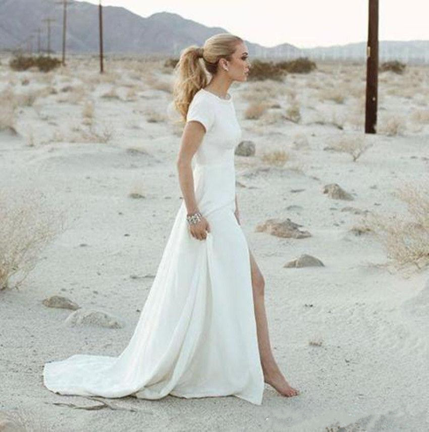 Simple Satin High Split Wedding Dresses Short Sleeve Beach Boho Garden Country Wedding Dress Vestido de novia Formal Bridal Gown, Champagne 
Simple Satin High Split Wedding Dresses Short Sleeve Beach Boho Garden Country Wedding Dress Vestido de novia Formal Bridal Gown, Champagne