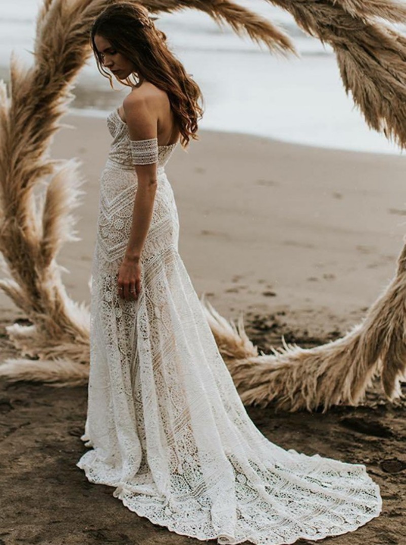 mermaid beach wedding dresses off the shoulder backless full lace boho bridal gowns long train bohemian wedding dress