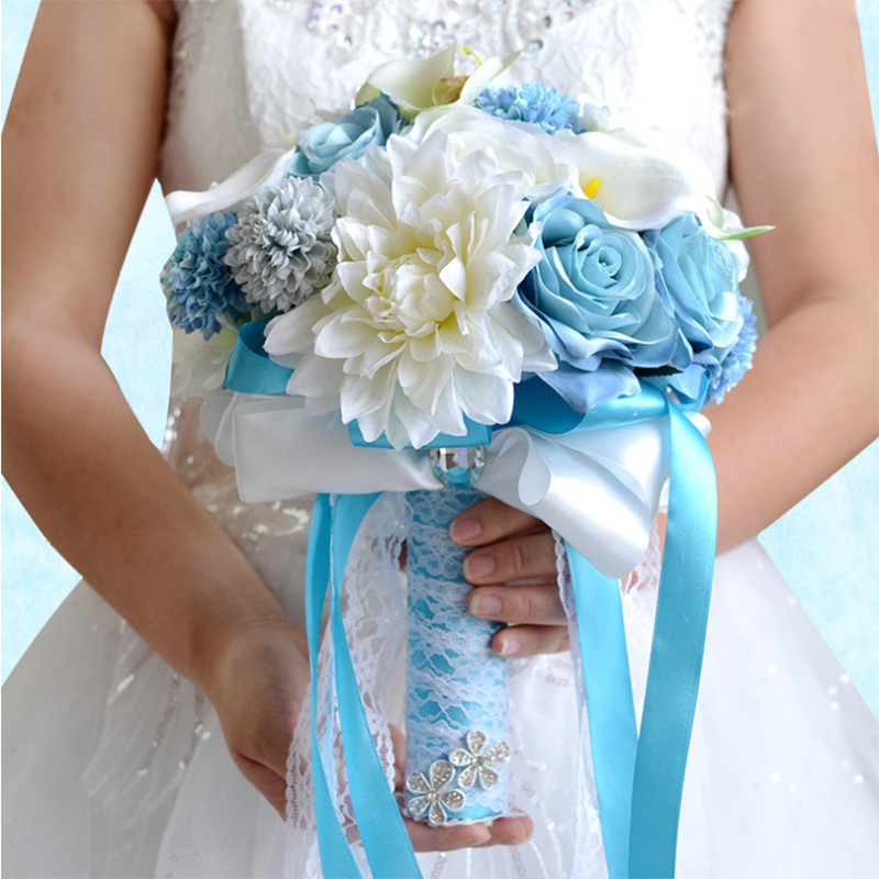 2018 Newest Beautiful Sky Blue Wedding Bridal Bouquets with Handmade Flowers Silk Hand Holding Flowers Wedding Bridal Bouquet CPA1544