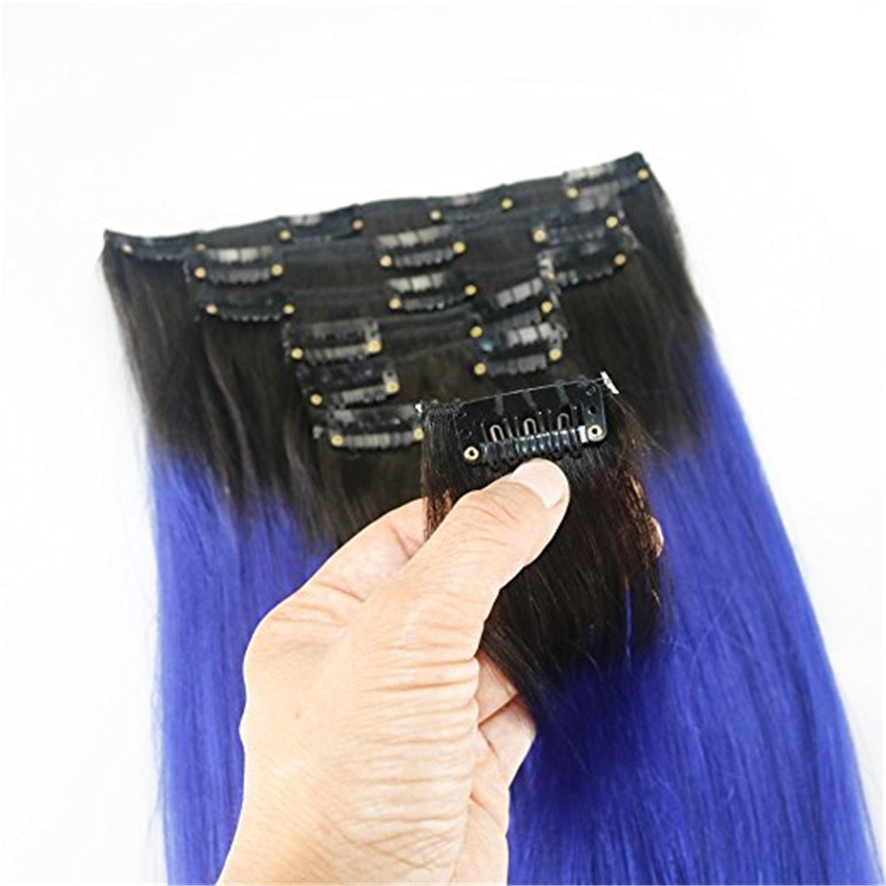 Clip in Remy Hair extensions Ombre 1B to Blue Balayage Clip in Human Hair Extensions Double Weft Hair Extensions Straight 7pcs 120g