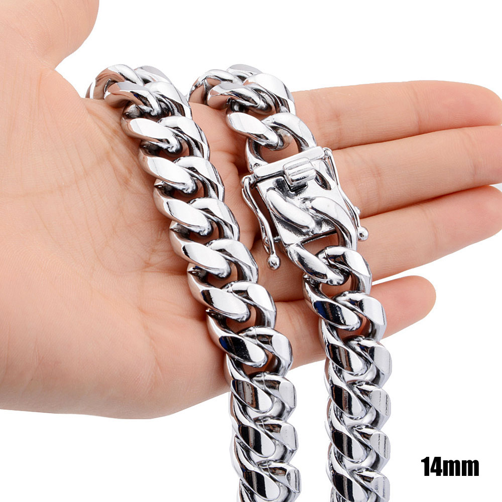 8mm10mm12mm14mm 316L Stainless Steel Jewelry High Polish Miami Cuban Chain Necklace Men Punk Curb ChainDragonBeard Clasp 24qu