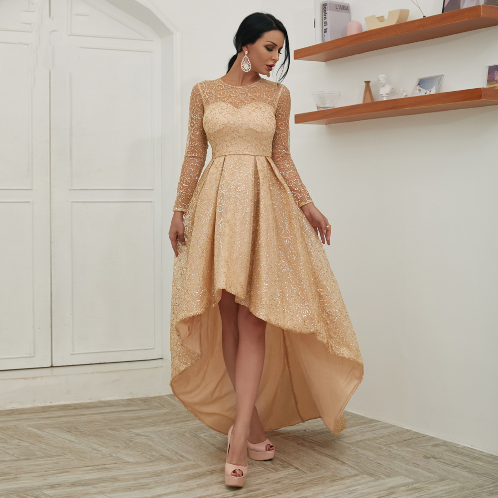 2022 Long Sleeve Bling Gold High Low Evening Dresses Round Sheer Neck Sparkling Sequin See Through Back Formal Party Dress