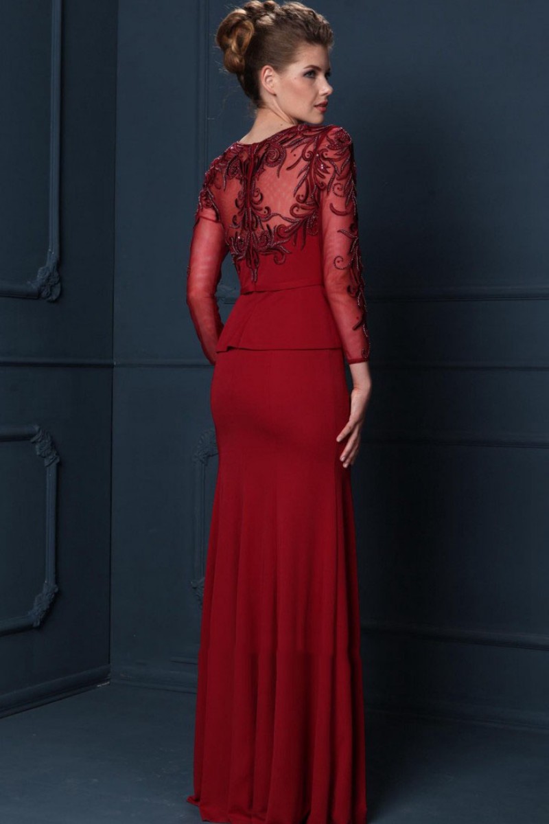 Red Mermaid Mother of the Bride Dresses Jewel Neck Sheer Long Sleeves Appliqued Sequins Prom Dresses With Peplum Plus Size Mothers' Dress